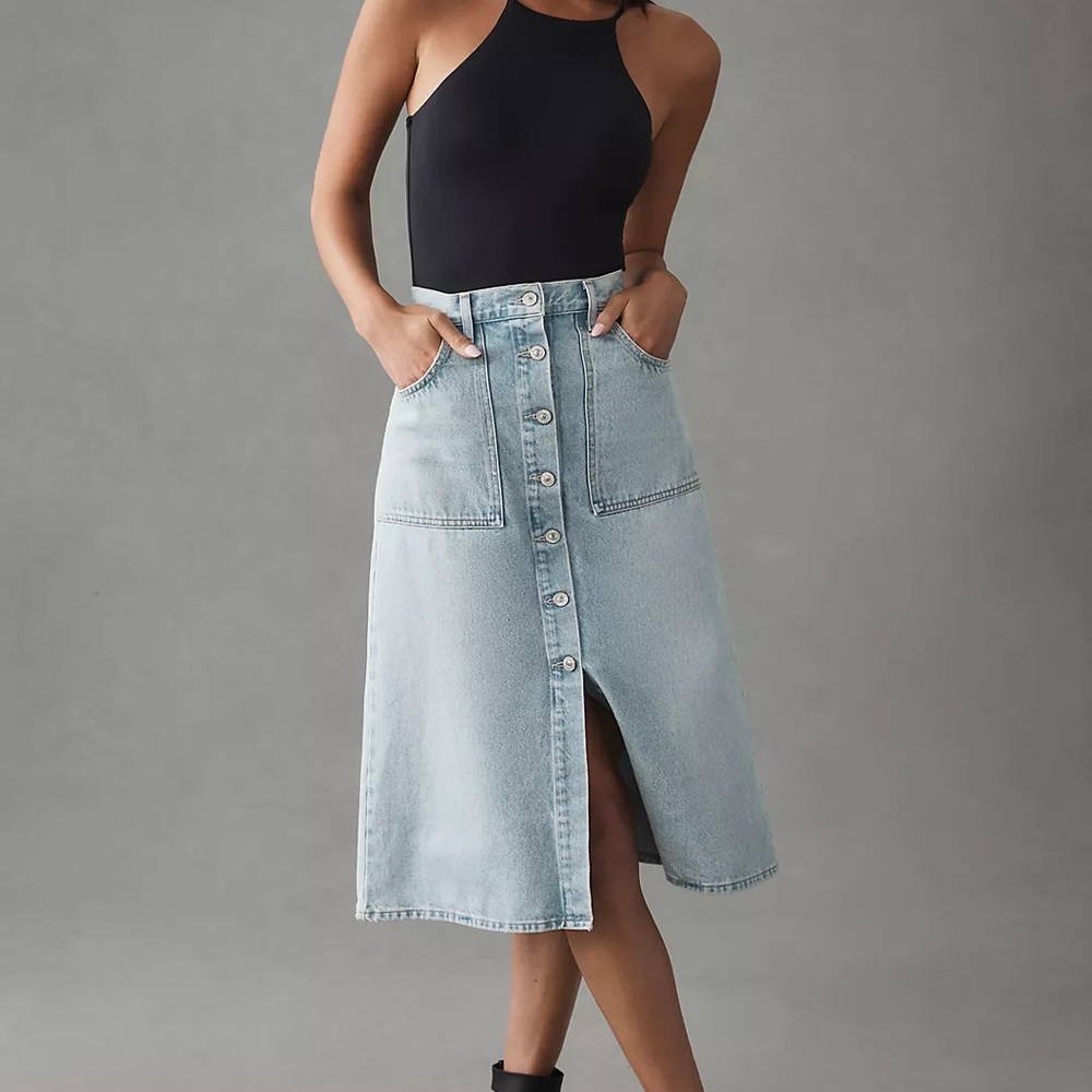 Velvet Heart Light Blue Button-Down Midi Skirt